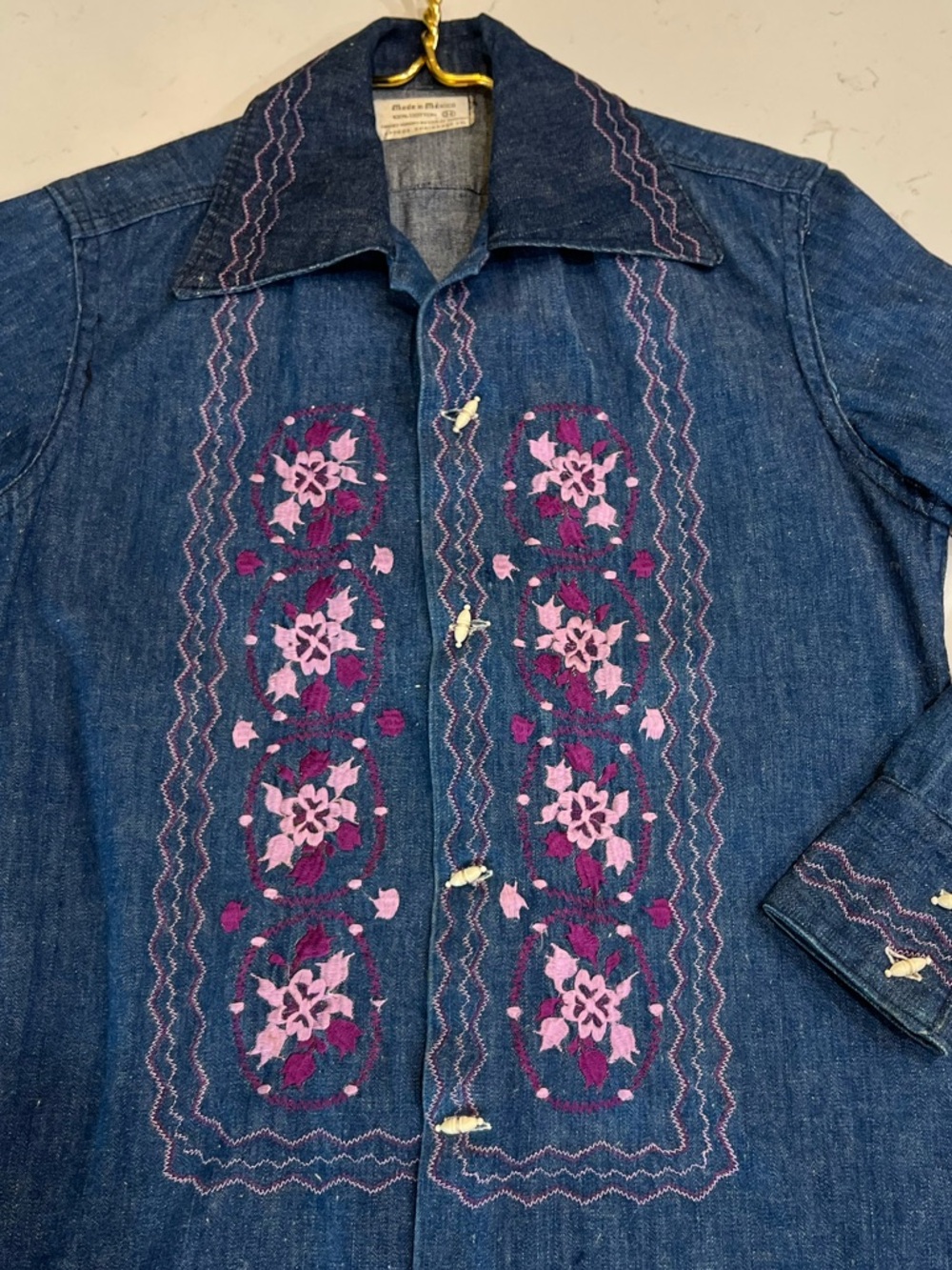 Vintage 70s Embroidered Denim Shirt Western Boho Floral Cotton - Picture 2 of 10